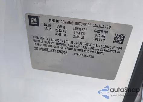 2015 Chevrolet Impala Limited Ls from USA, damaged, VIN 2G1WA5E3XF1126816